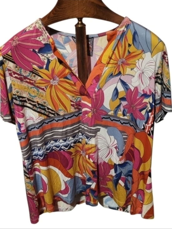Johnny Was Tops - Johnny Was Rachel May Short Sleeve Swing Colorful Floral Polo Size Large New!